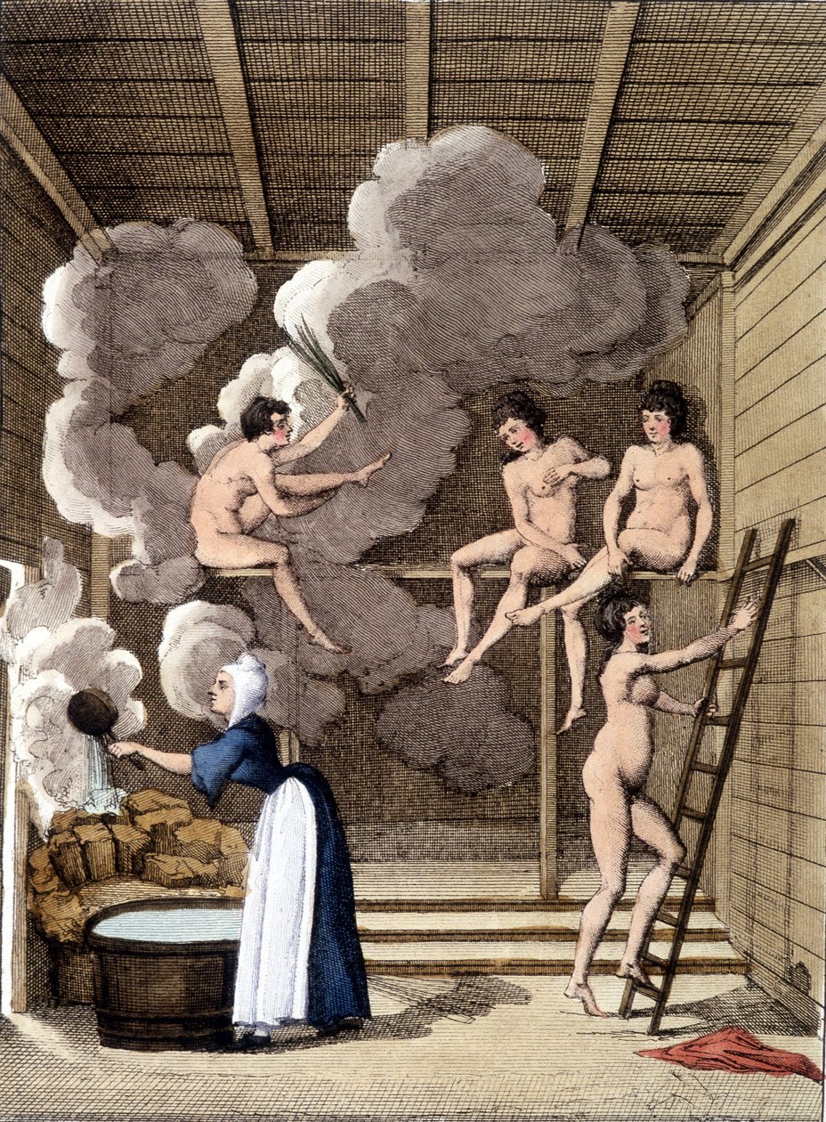 Nøgne figurer i en filandansk sauna. Indgravering fra 1811 indeholder en bog om rejsen. af Unknown artist
