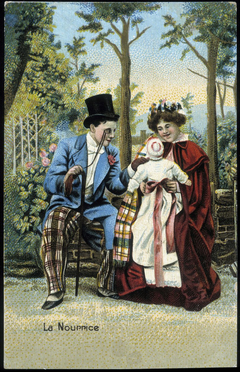 Sygeplejerske med en baby, der taler med en mand i en park - chromo., slutningen af det 19. århundrede af Unknown artist