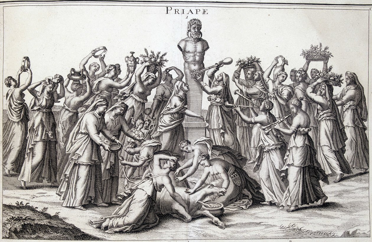 Tilbud fremsat af kvinder til guden Priape (Priapos), den asiatiske gud for fecondite, som kom til Grækenland. Sted for tilbedelse af Lampsaque. af Unknown artist