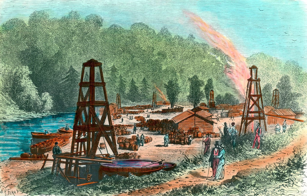 Olieboringer på Tarr Farm i Pennsylvania, USA. Indgravering af det 19. århundrede. Privat samling af Unknown artist