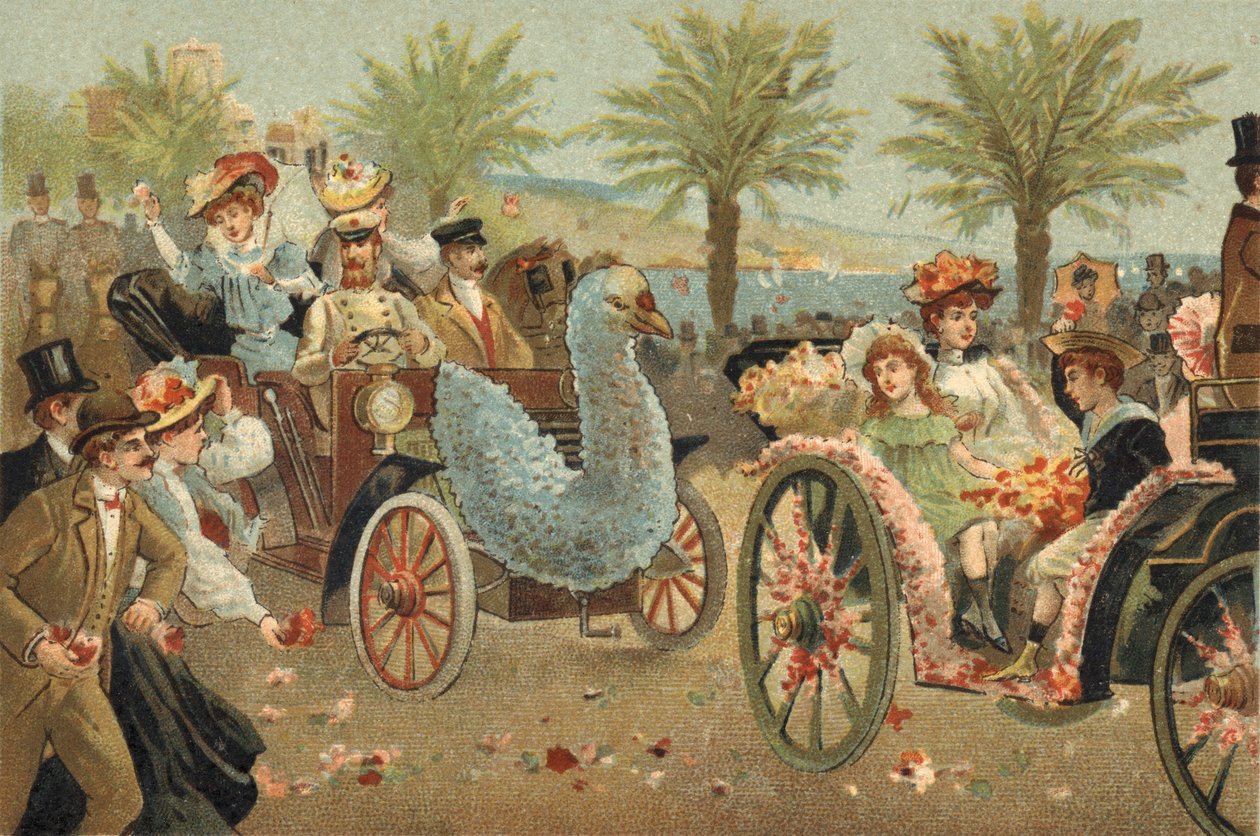 Gammel skik, der fejres i Nice amt: blomsterkorsoen i Nice. Kromolitografi i slutningen af det 19. århundrede. af Unknown artist