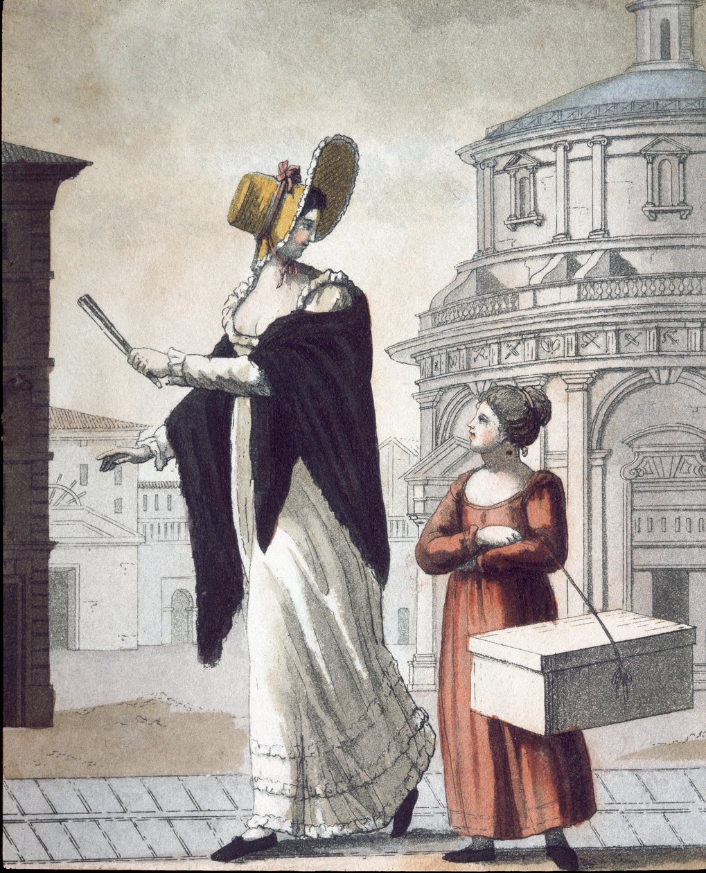 Gammel handel: modisten og hendes assistent. (Litografi af Unknown artist