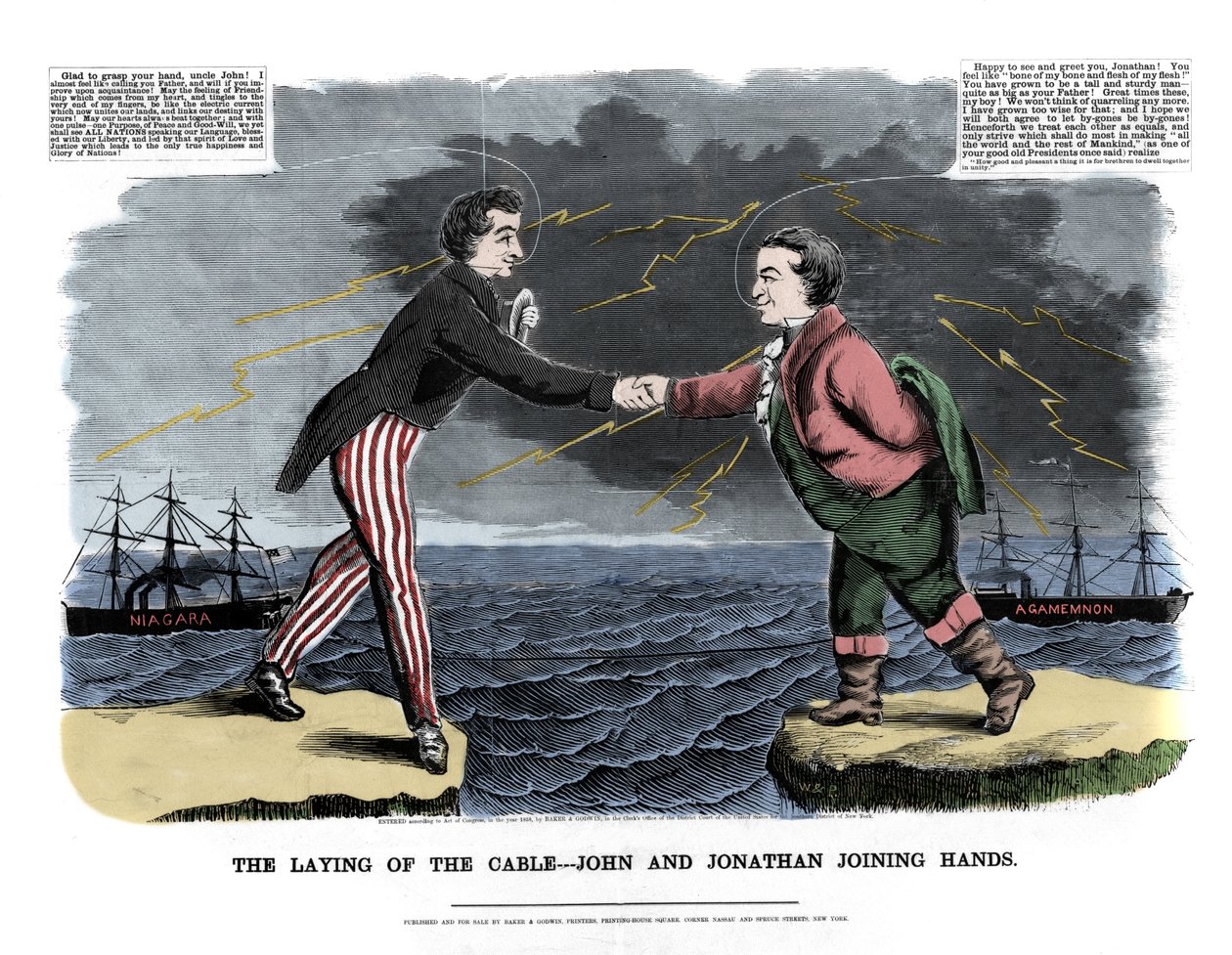 Den 17/08/1858 blev den første transatlantiske besked udvekslet: to allegoriske figurer, der repræsenterede John (England) og Jonathan (USA) lykønskede hinanden for succesen med undervandskabelbruddet mellem Europa og den nye verden. Bag th af Unknown artist