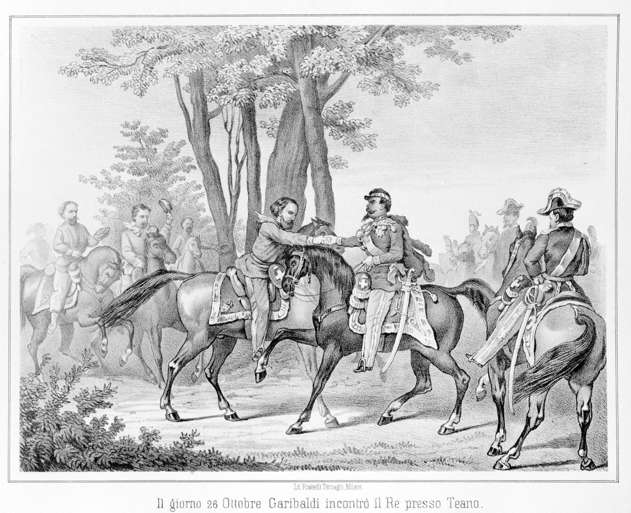 Den 26. oktober 1860 mødte Giuseppe Garibaldi kong Victor Emmanuel II (Victor-Emmanuel) (Vittorio Emanuele) nær Teano. Indgravering af det 19. århundrede. af Unknown artist