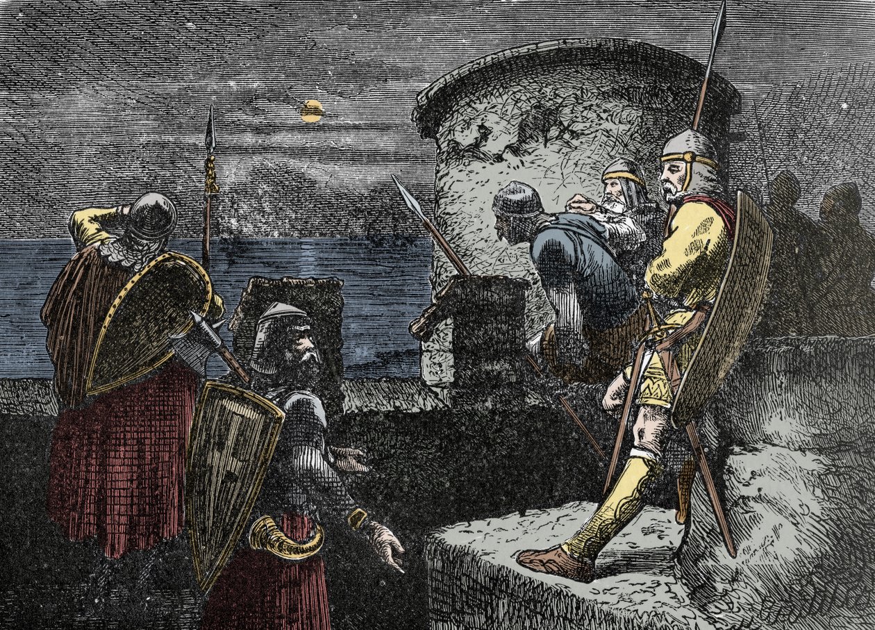 På udkig efter nordmænd - varegue-vagten (Varangian) observerer horisonten bag fæstningsværket af Unknown artist