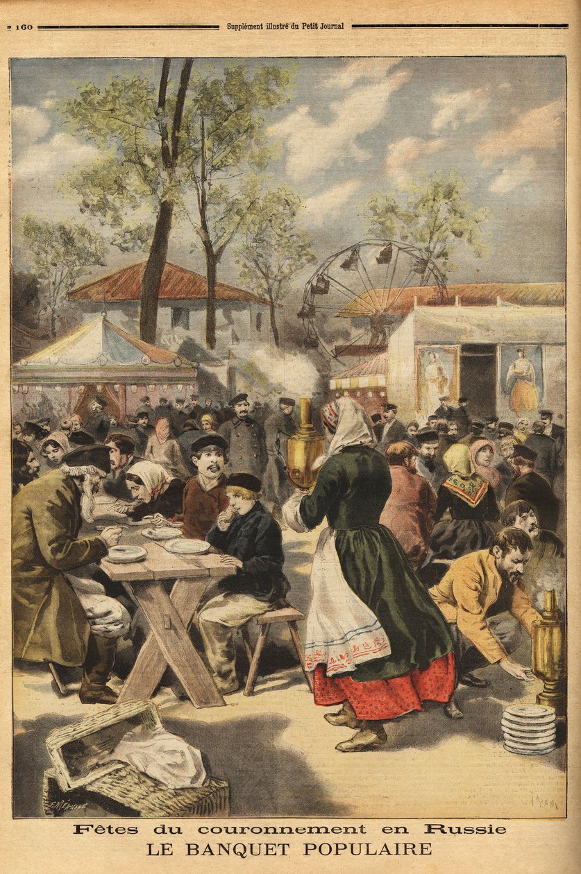 I anledning af kroningen af zar Nicholas II tilbydes en populær banket til 500.000 russere på Khodinskoie-manøvrefeltet i Moskva, forudgået af teaterforestillinger. Indgravering i "" Le petit journal"" 17/05/1896. Selvas samling. af Unknown artist