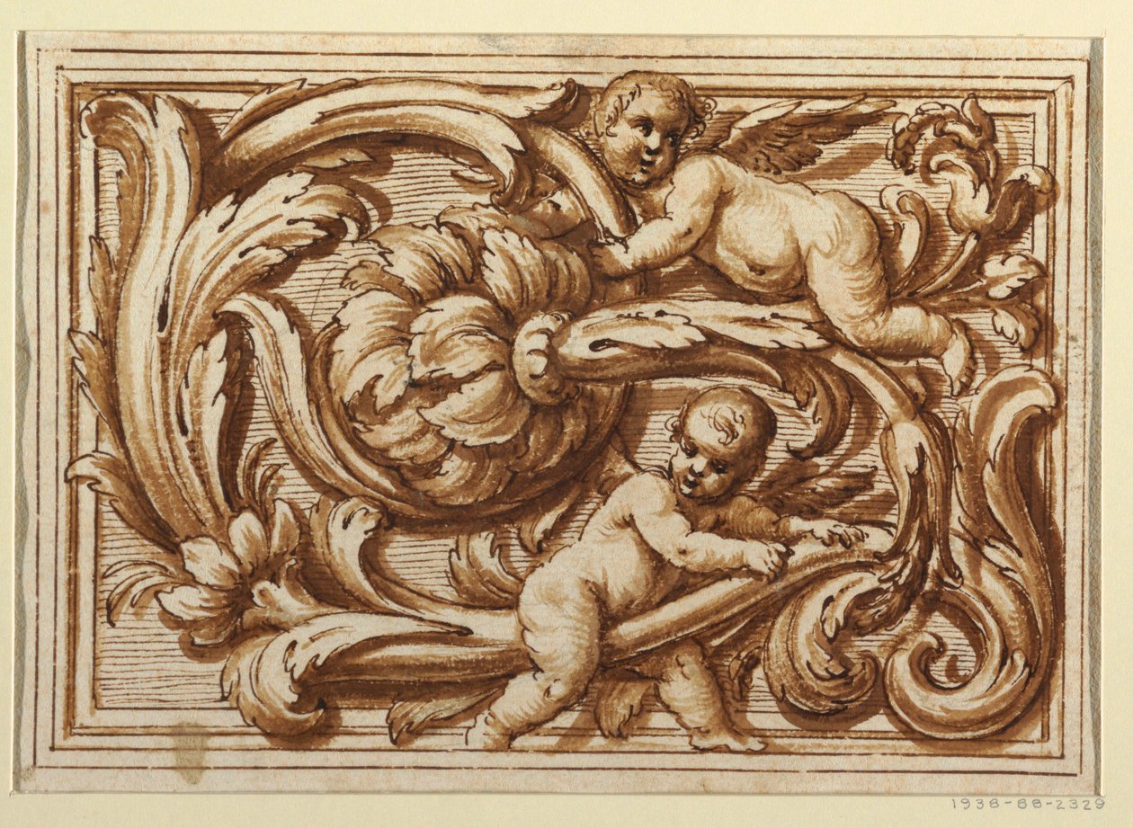 Et af et sæt designs til en titelside og dekoration af et vandret panel af Unknown artist