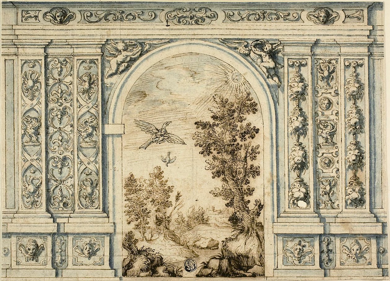 Ornamental væg med landskab af Unknown artist