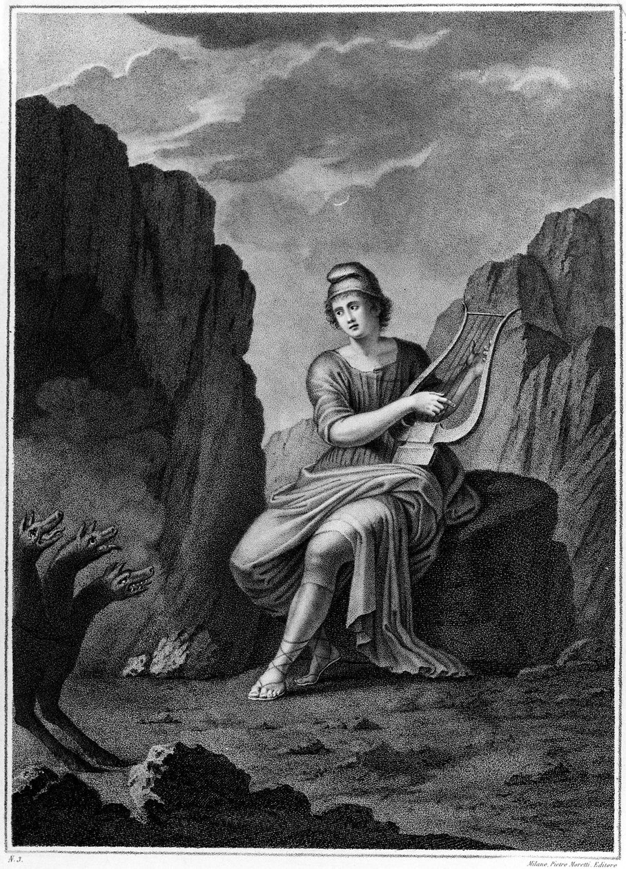 Orpheus ved indgangen til underverdenen møder Cerberus. Litografi. 19. århundrede af Unknown artist