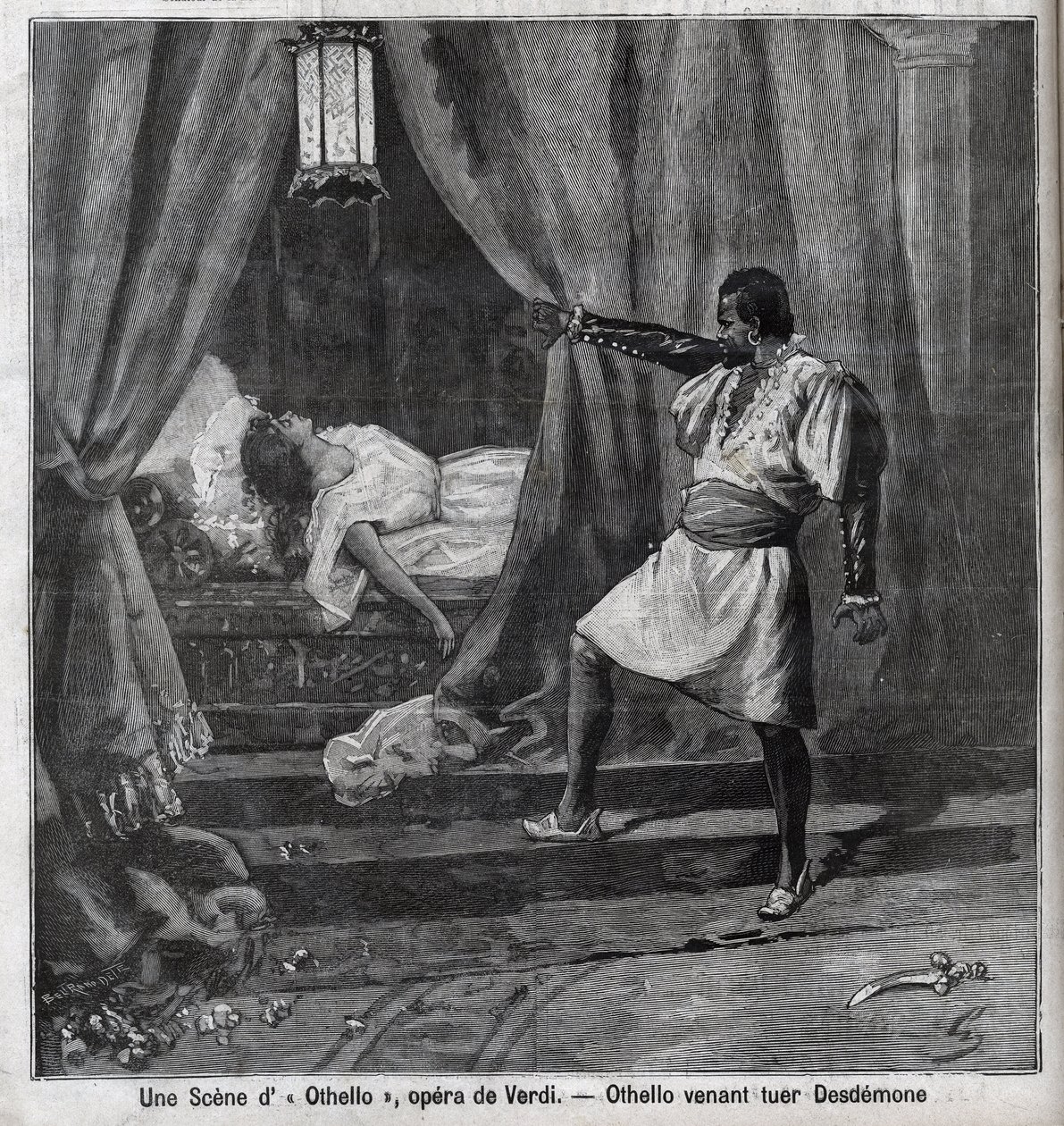 Othello har lige dræbt Desdemona i sin seng. Scene fra Operaen "" Othello"" af Giuseppe Verdi (1813-1901) Indgravering i "" Le Parisien"" af Unknown artist