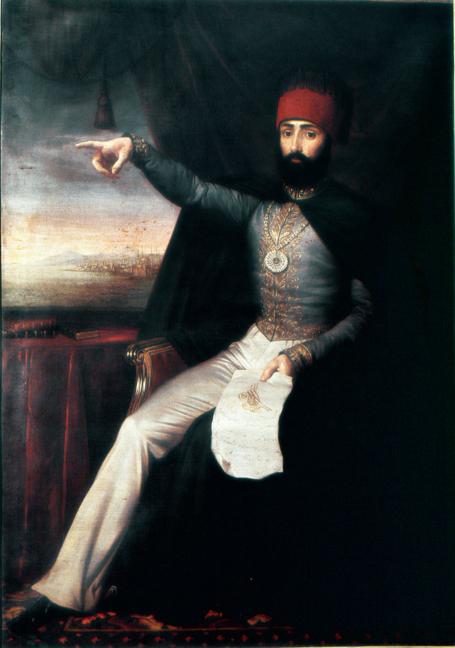 Det Osmanniske Rige: Portræt af Sultan Mahmud II (1784-1839)”” Det er repræsentativt at pege fingeren for at angive ordren om at slagte janitsjarernes orden. Anonym oliemaleri. 1808-1839 Istanbul, Topkapi Sarayi Museum, Tyrkiet af Unknown artist