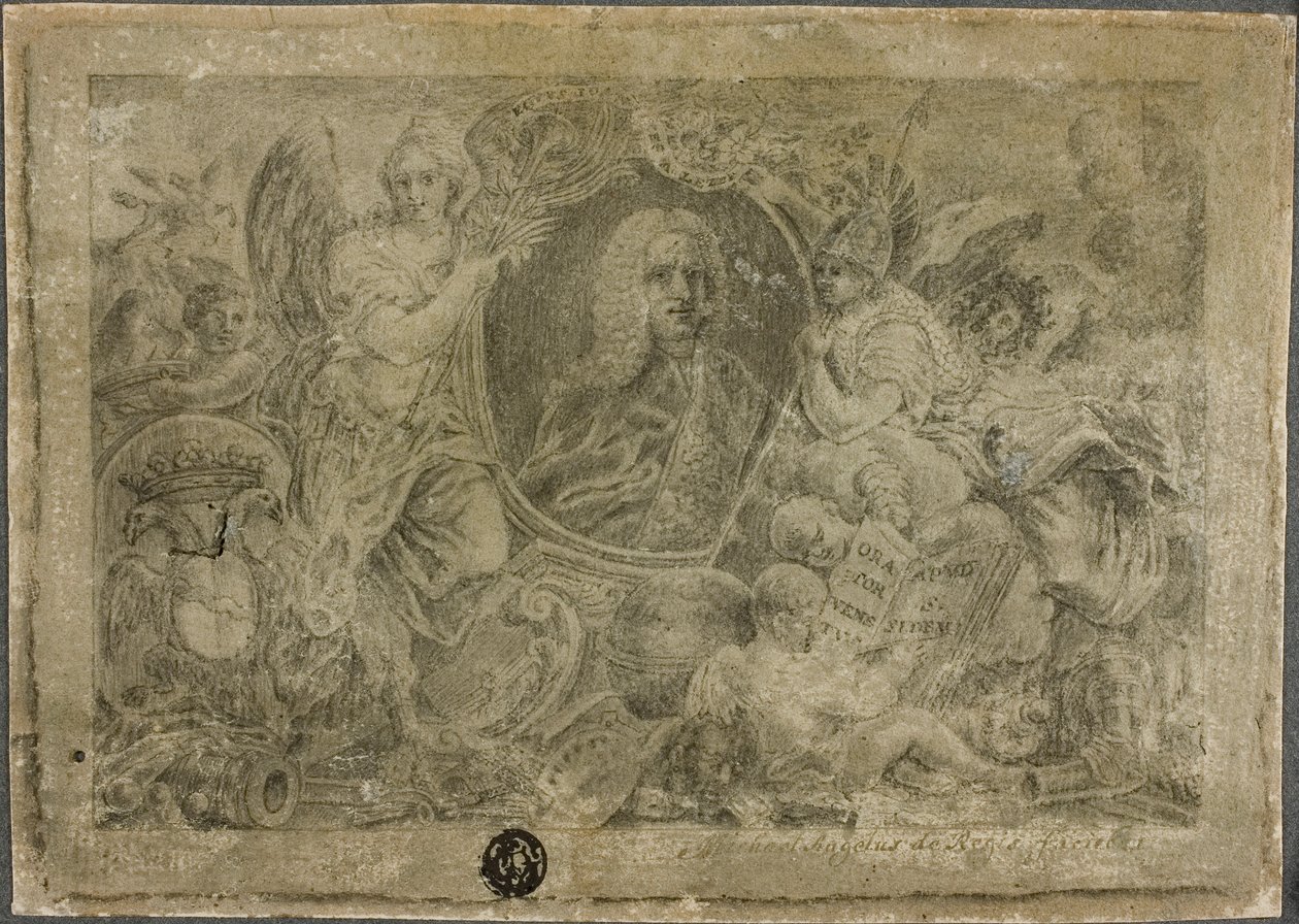Oval portrætbuste holdt af allegoriske figurer af Unknown artist