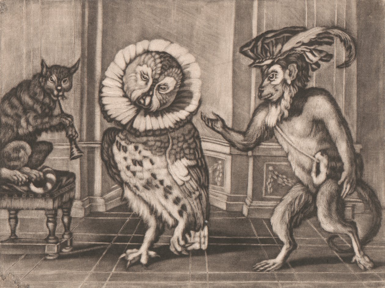 Owl, Monkey and Cat fra Mezzotintoes af Smith, Vol. III af Unknown artist