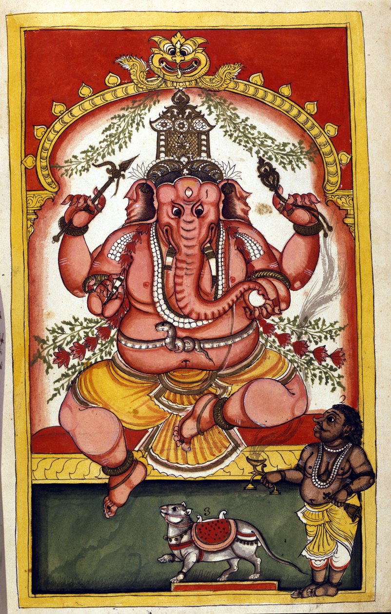 Side, der viser den hinduistiske guddom Ganesha (Ganesh eller Ganapati), protektor for handlende, rejsende og tyve. Side taget fra manuskriptet (ms.8300) "" History of Mogol"" (Moghul eller Moghol) af Stefano Nivibus Cardeira. 1700-tallet. Bibloteca marcia af Unknown artist