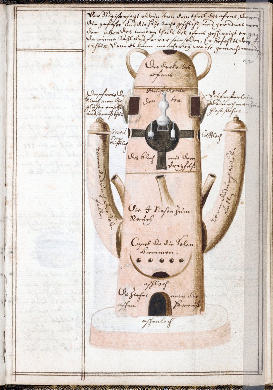 Side fra en alkymi-notesbog, en alkymistisk maskine - Arbejde af Johann Grasshoff (Grasshof eller Grasse) (1560-1623), akvarel på pergament (14,6x10 cm), ca. 1620 - (Alkymisk notesbog, Akvarel på pergament af J .Grasshoff, ca. .1620) - Yale University, af Unknown artist