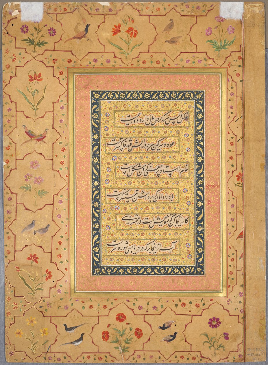 Side fra Late Shah Jahan Album: Kalligrafi indrammet af en ornamental kant med valmuer og fuglepar (verso) af Unknown artist