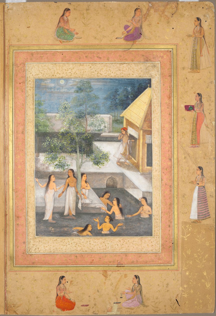 Side fra Late Shah Jahan Album: Harem Night-Bathing Scene (recto) af Unknown artist