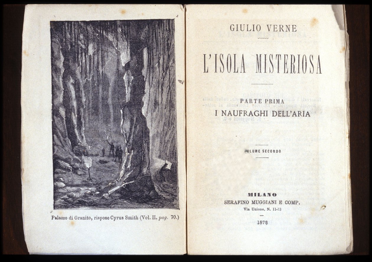 Side af en italiensk udgave af "Den mystiske ø" af Jules Verne. 1878. Milano. af Unknown artist