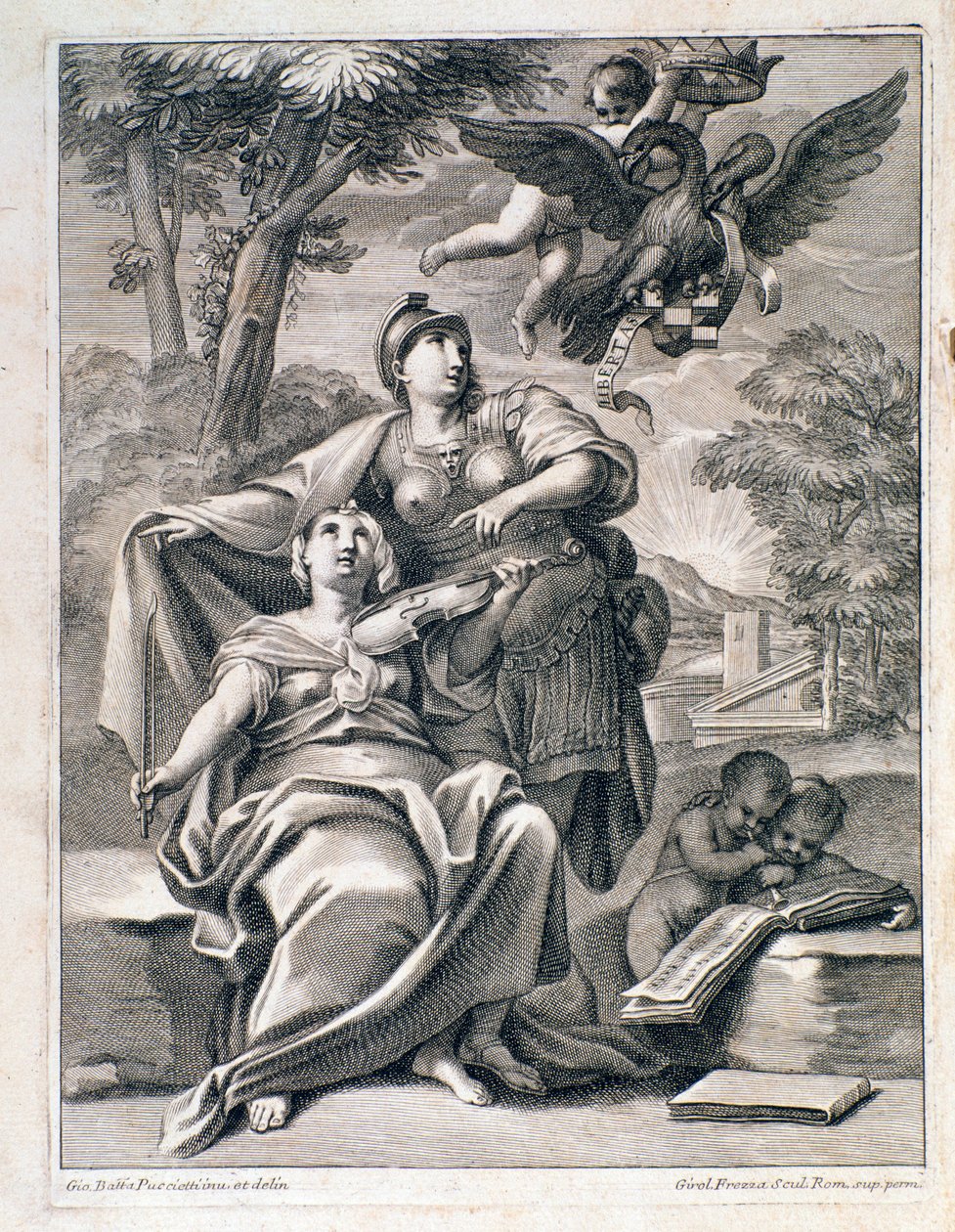 Side af frontispice af musikpartitur af "" Opus 1 "" (12 store koncerter) af Pietro Locatelli (1695-1764) - Noder til "" 12 grossos-koncerter "af Locatelli 1721 Bologna, borgerligt musikmuseum af Unknown artist