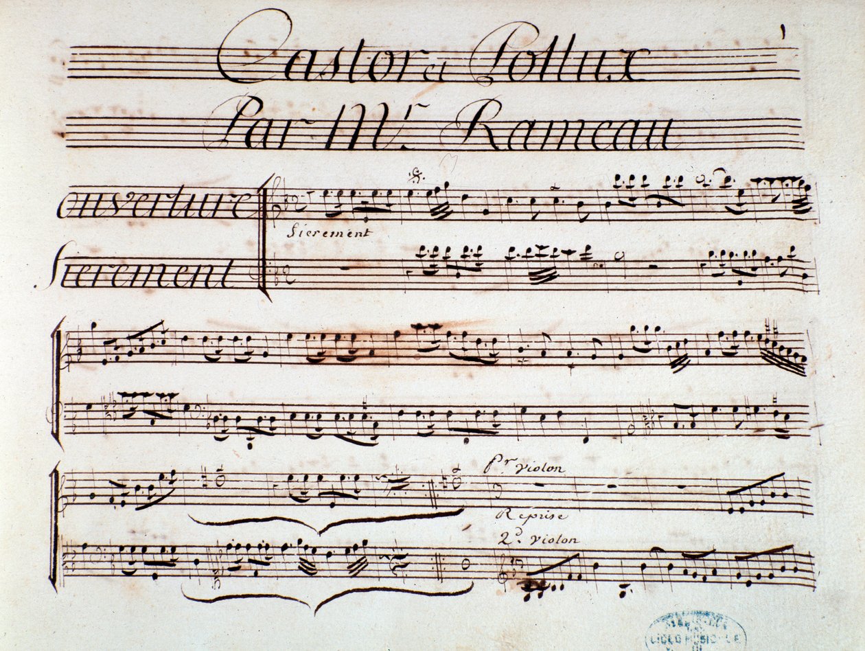 Side med partitur af Castor et Pollux, lyrisk tragedie af Rameau (1737) af Unknown artist