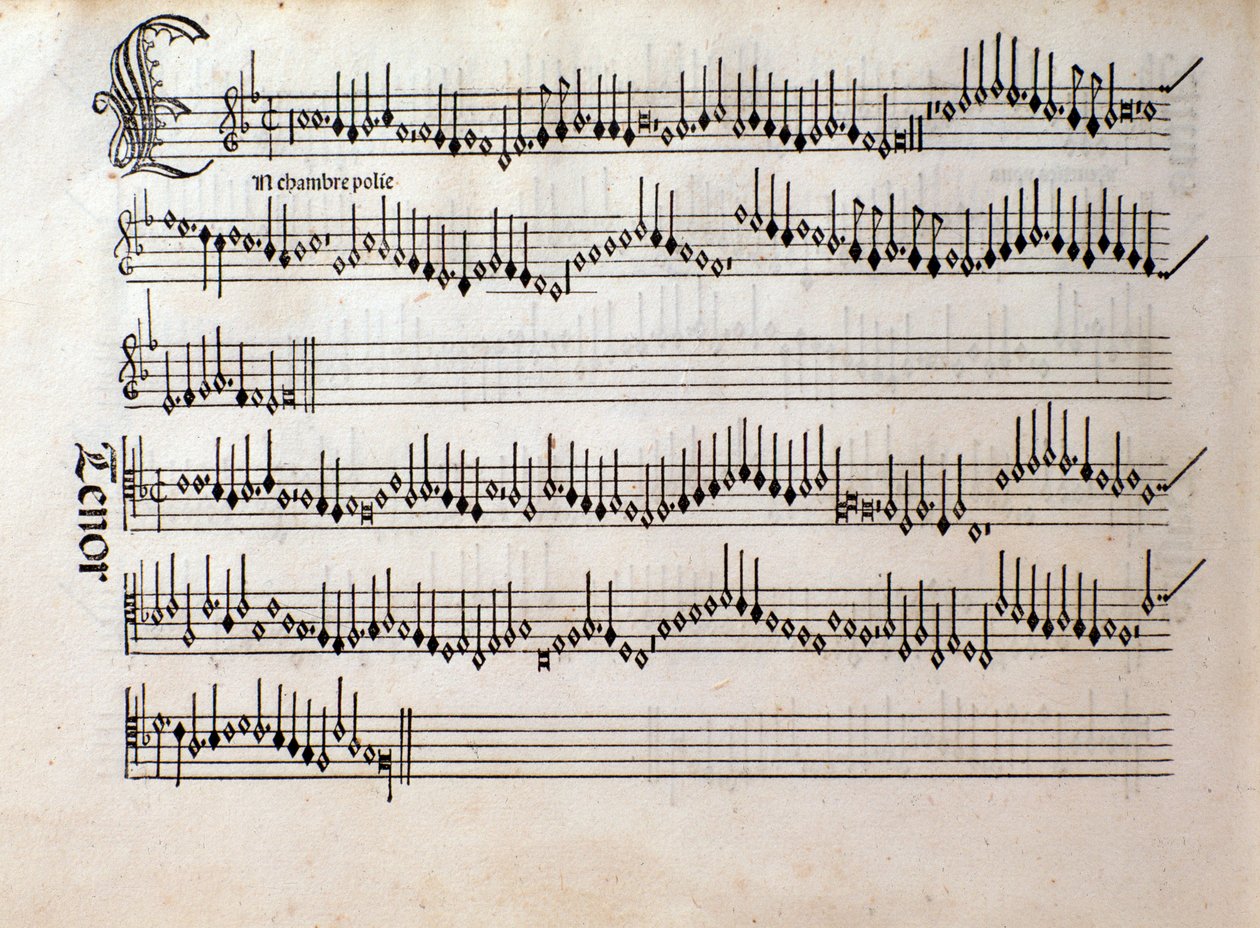 Side med partitur af Harmonice Musices Odhecaton af Ottaviano Petrucci (1501) af Unknown artist