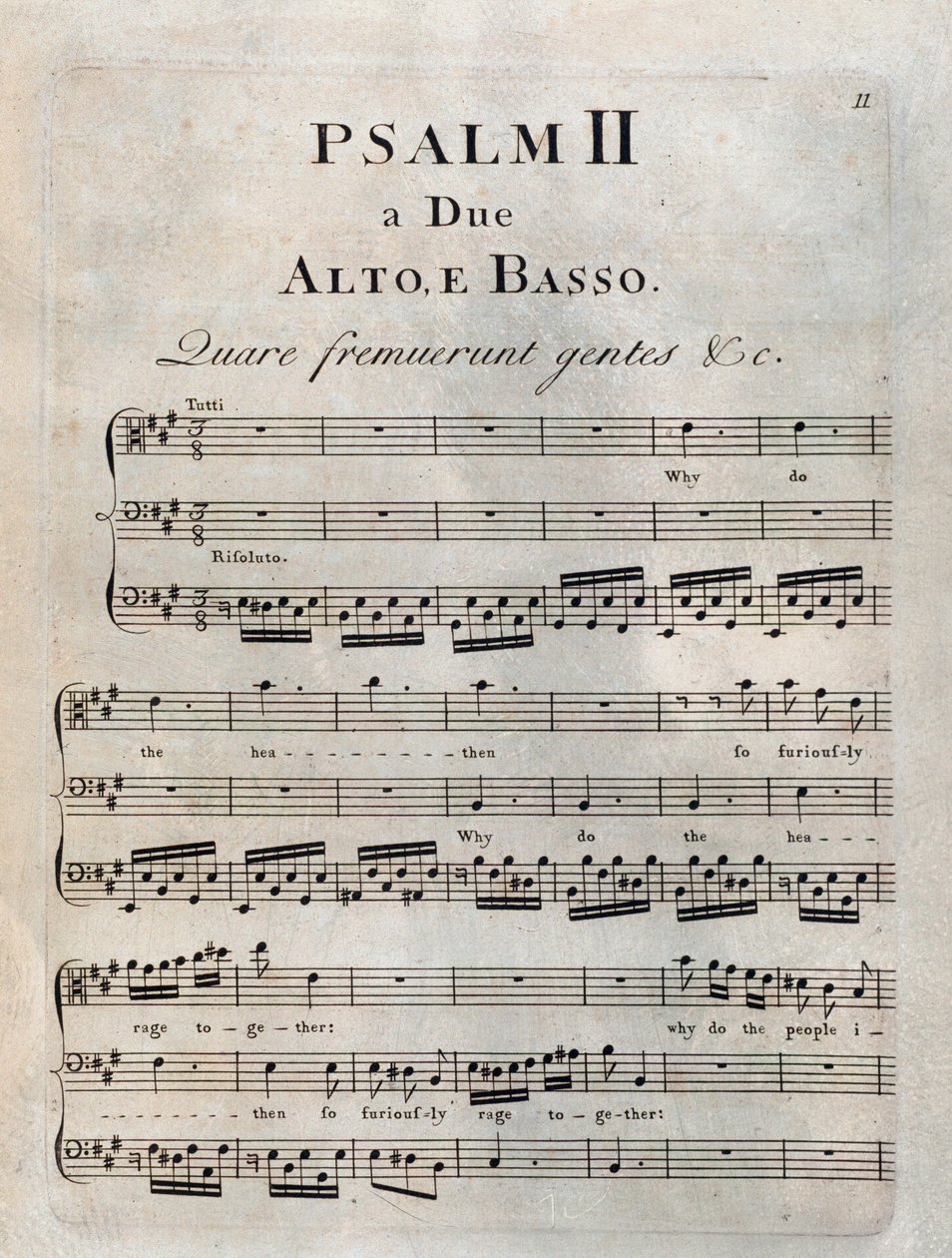 Side med anden salme i musikpartitur af ""Psalmerne"" af Benedetto Marcello af Unknown artist