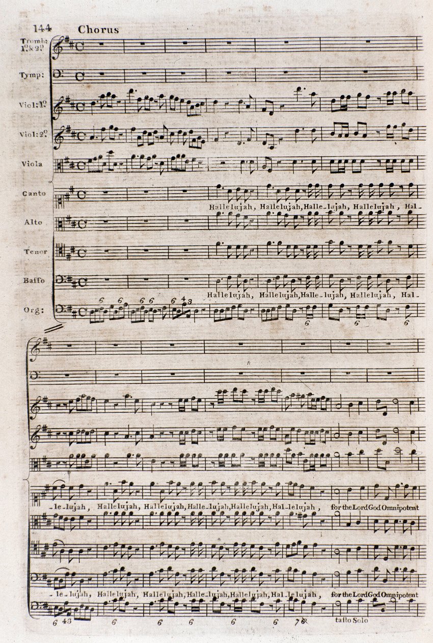 Side med partituret til koret "" Hallelujah"" i "The messiah"" (The messias) af den naturaliserede engelske tyske komponist George Frederick Handel (Georg Friedrich Handel) af Unknown artist