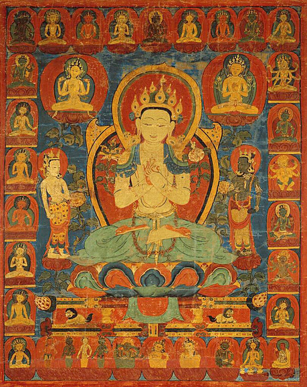 Bemalet banner (thangka) af Bodhisattva Maitreya omgivet af sit følge af Unknown artist