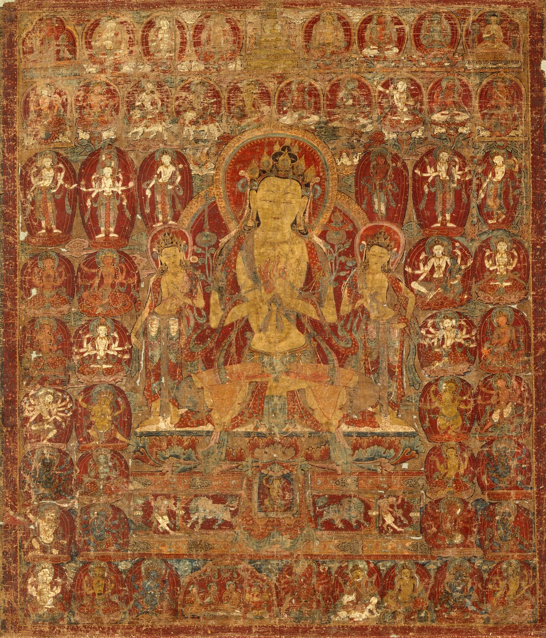 Bemalet banner (thangka) af Bodhisattva Manjushri med Vajrapani (til højre) og Padmapani (til venstre) af Unknown artist