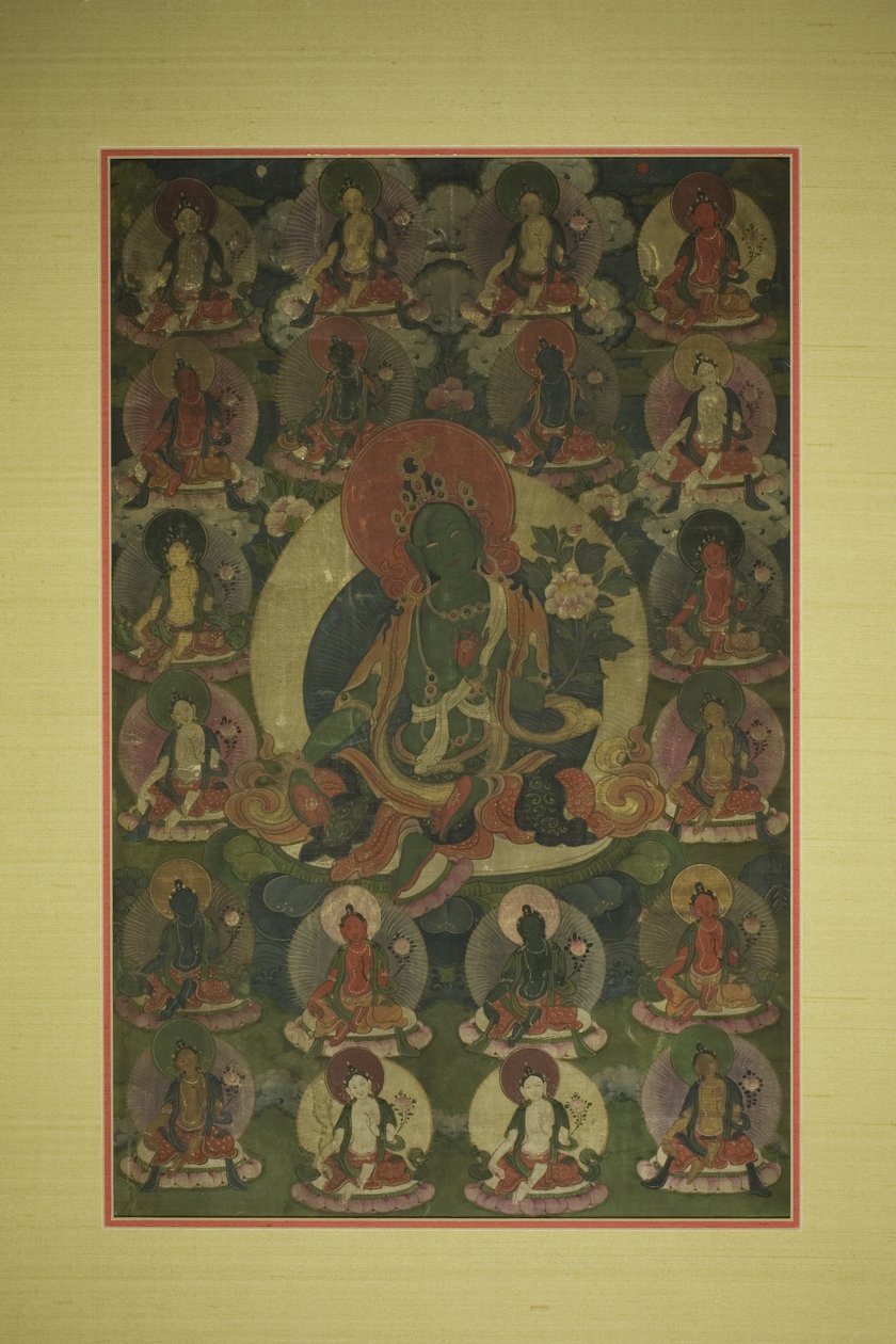 Bemalet banner (thangka) af Grøn Tara omgivet af tyve manifestationer af Unknown artist