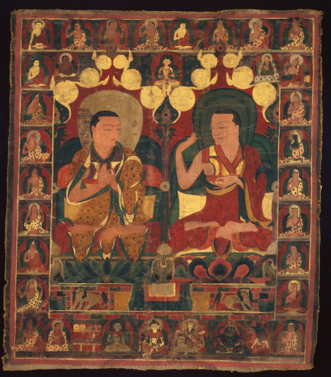 Malet banner (thangka) af lineage-maleri af to lamaer i debat af Unknown artist
