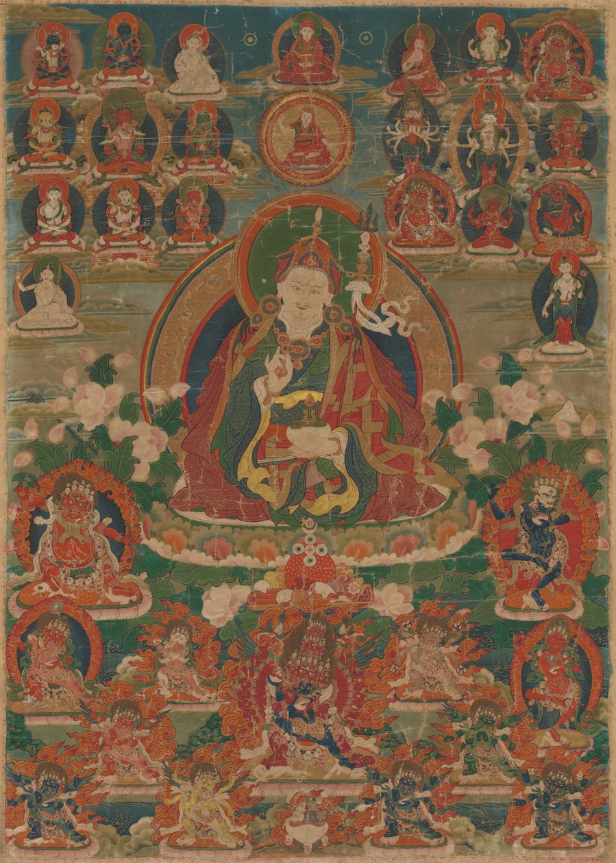 Bemalet banner (thangka) af den vise Guru Padmasambhava siddende med tordenkile (Vajra) og kraniekop (Kapala). af Unknown artist