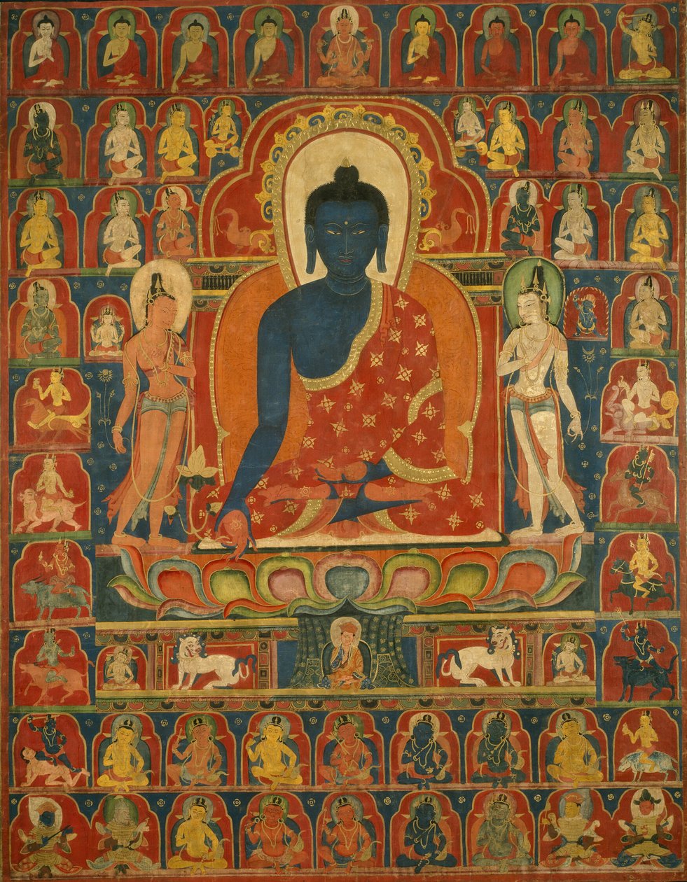 Bemalet banner (thangka) med medicinbuddhaen (Bhaishajyaguru) af Unknown artist