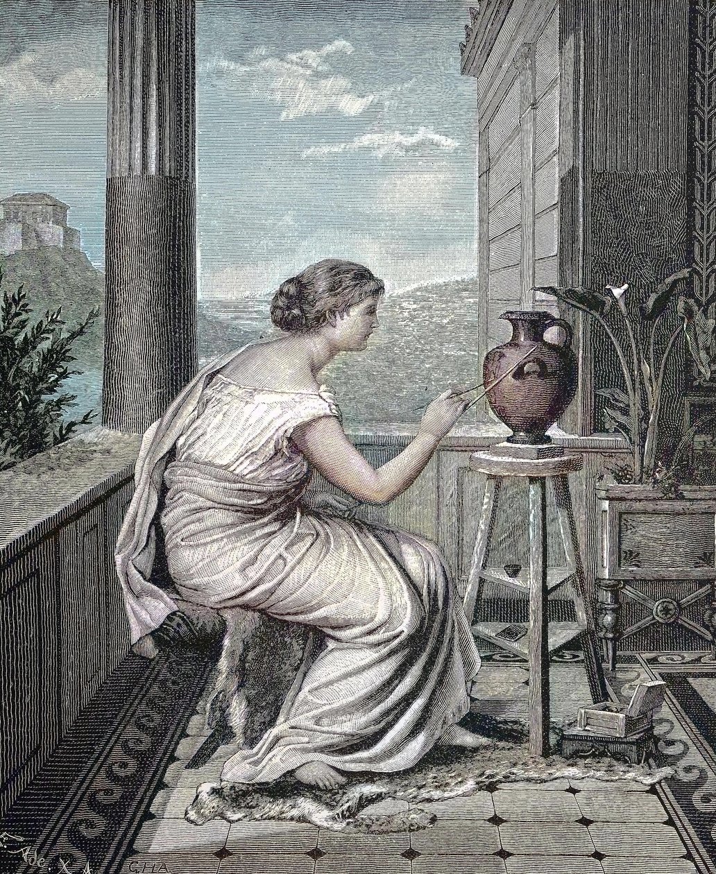 Maler, kunstner, ung græsk kvinde maler en vase, historisk, digital gengivelse af et originalt kunstværk fra det 19. århundrede af Unknown artist