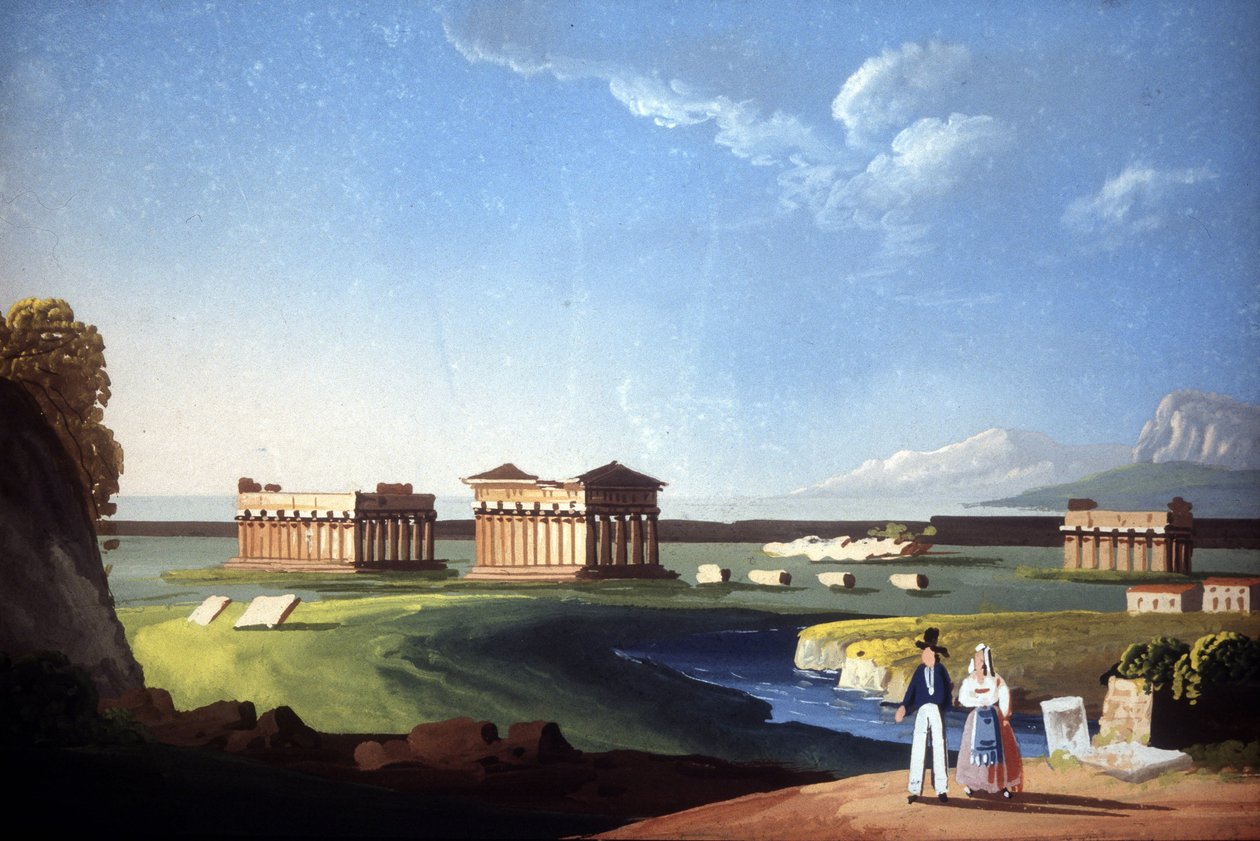 Maleri, der forestiller templerne i Paestum, nuværende Capaccio. af Unknown artist