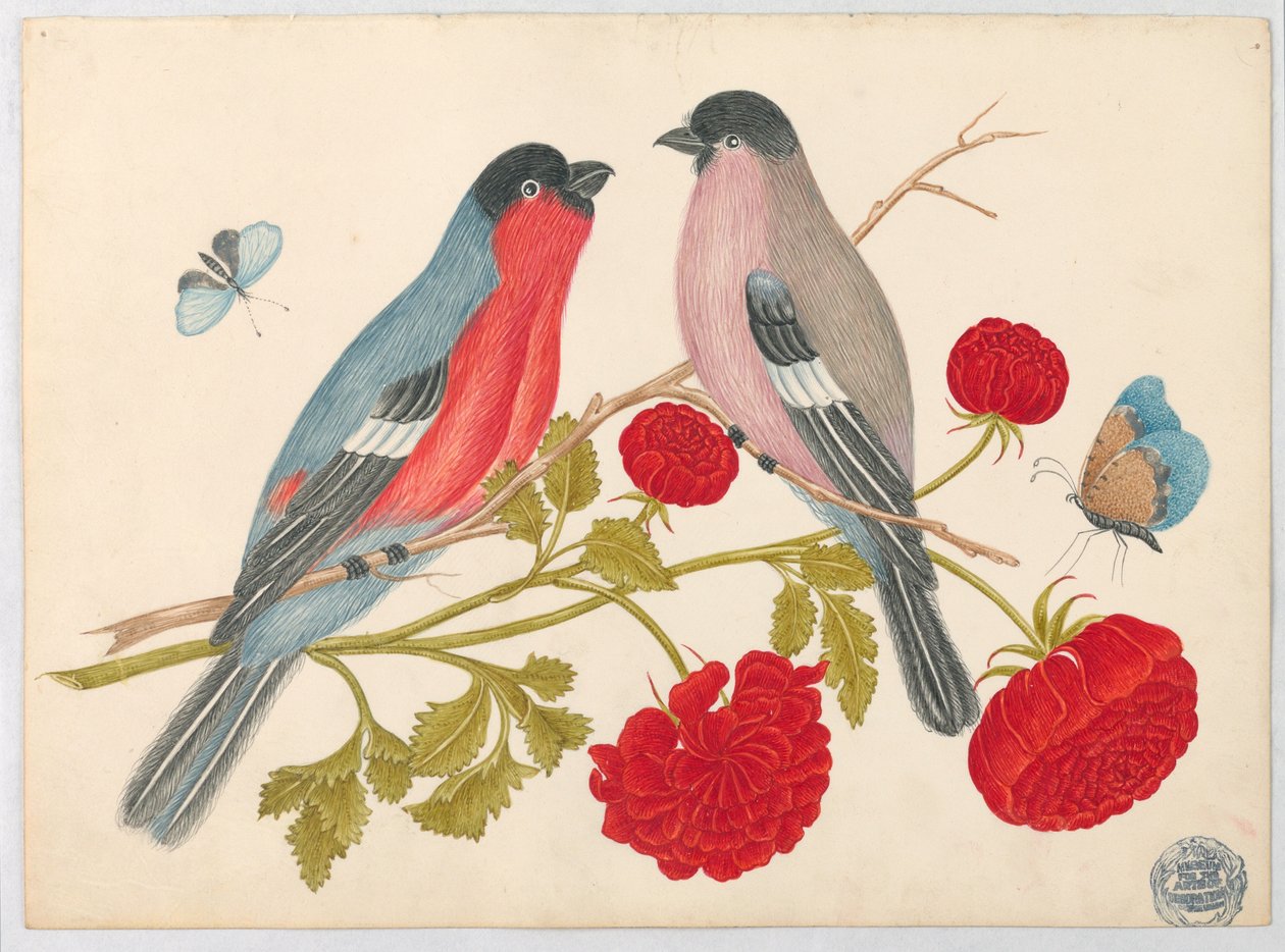 Par fugle på gren med roser og sommerfugle af Unknown artist