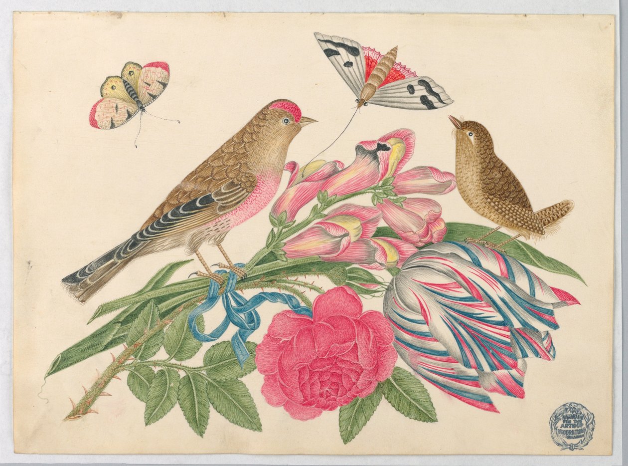 Par brune fugle på buket med tulipaner, roser og løvedrager, med sommerfugle af Unknown artist