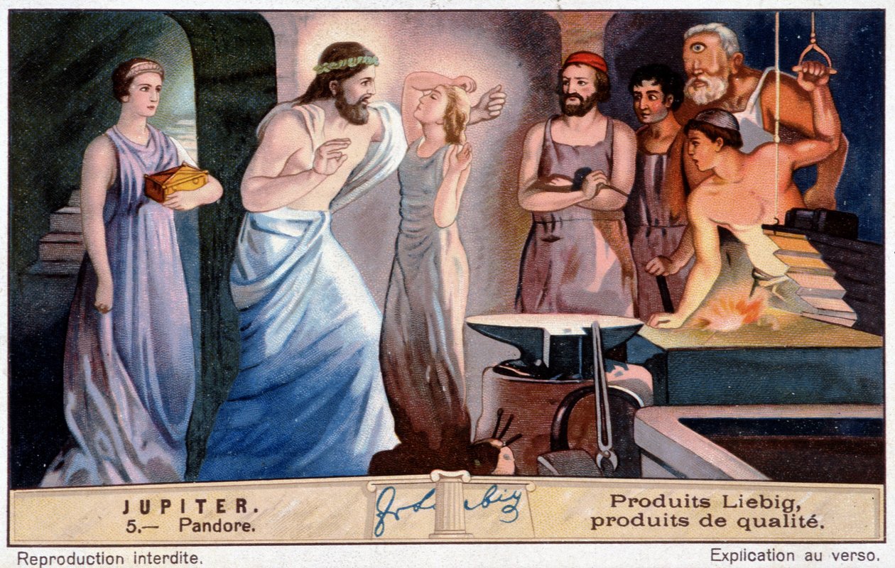 Pandora, den første kvinde, skabt efter Jupiters rækkefølge - Liebig-kromolitografi af Unknown artist