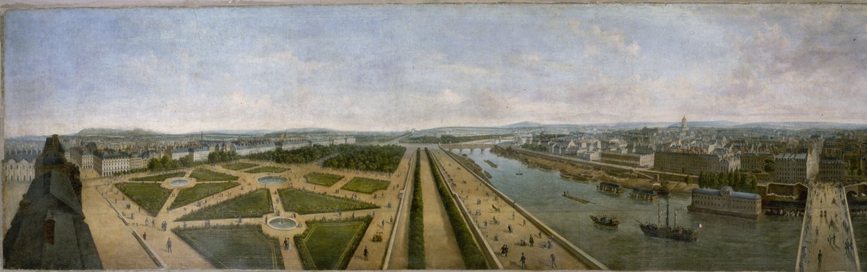 Panorama over Paris fra taget af Pavillon de Flore i Tuilerierne, ca. 1833 (olie på lærred) af Unknown artist