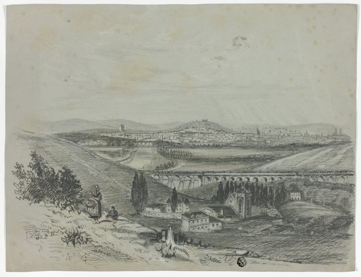Panoramaudsigt over en jernbanebro og en by af Unknown artist