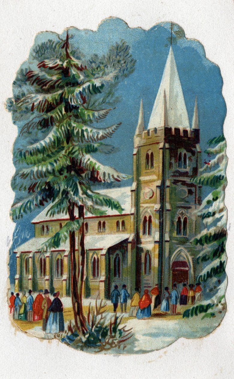 Sognebørn går i kirke til søndagsmesse. Kromolitografi omkring 1890. af Unknown artist