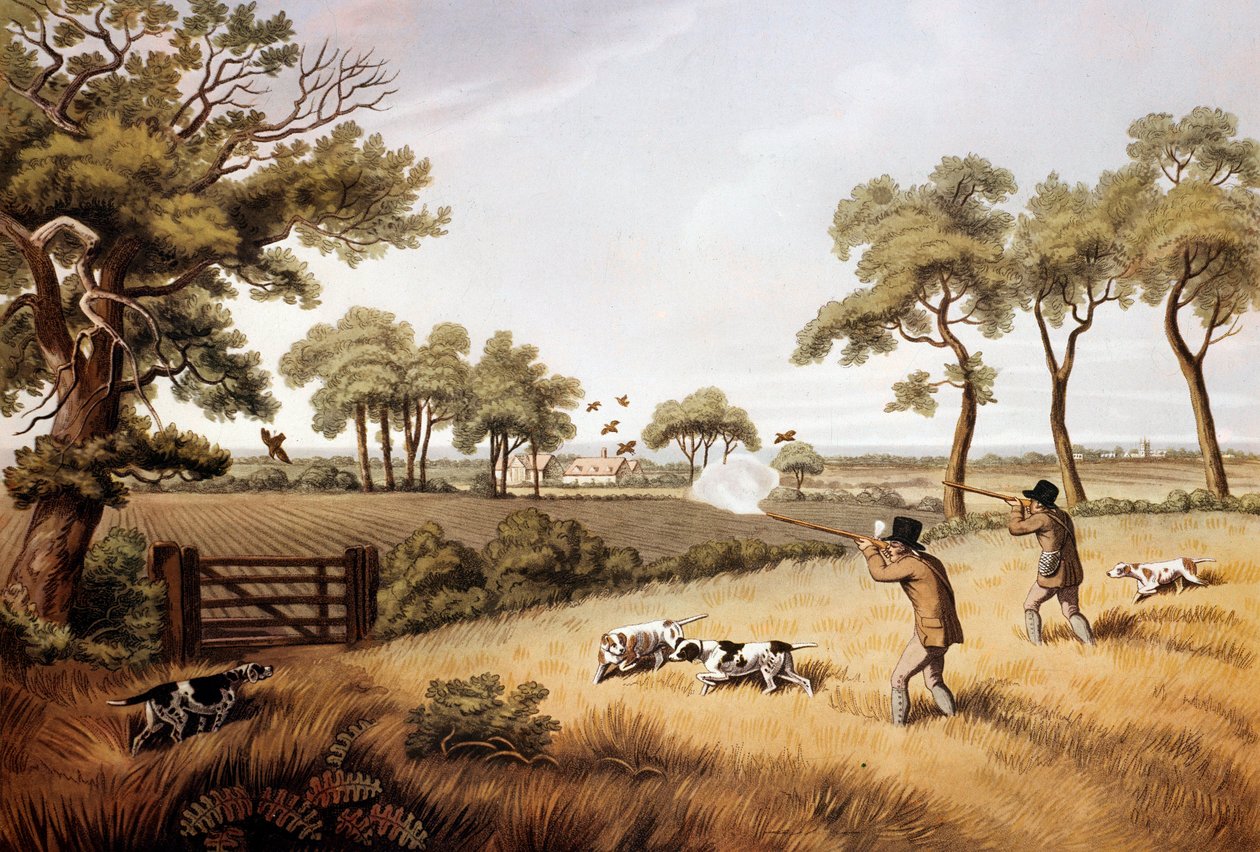 Agerhønsjagtscene: Litografi fra det 19. århundrede Gien, jagtmuseum af Unknown artist