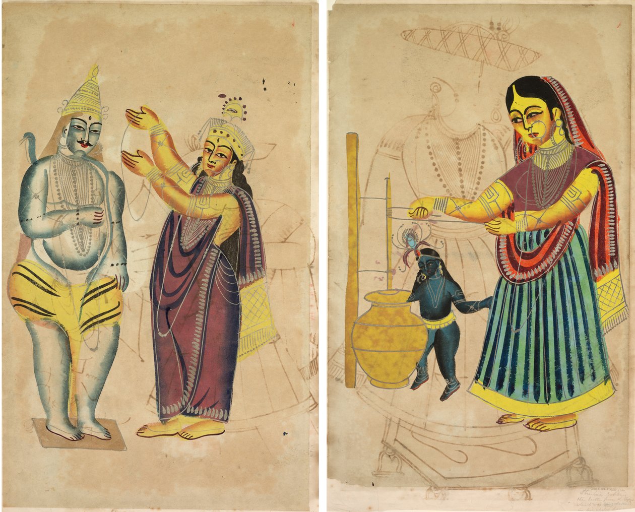Parvati placerer en bryllupskrans på Shiva (recto); Yasoda kærnende smør (verso) af Unknown artist