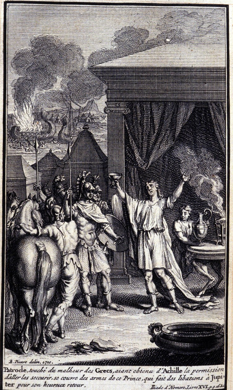 Patroclus, rører ved grækernes ulykke, efter at have fået tilladelse fra Achilleus til at gå og redde dem, dækker sig med våben fra denne prins, som giver drikker til Jupiter for hans lykkelige tilbagevenden. Illustration af bog XVI af Iliaden af H af Unknown artist