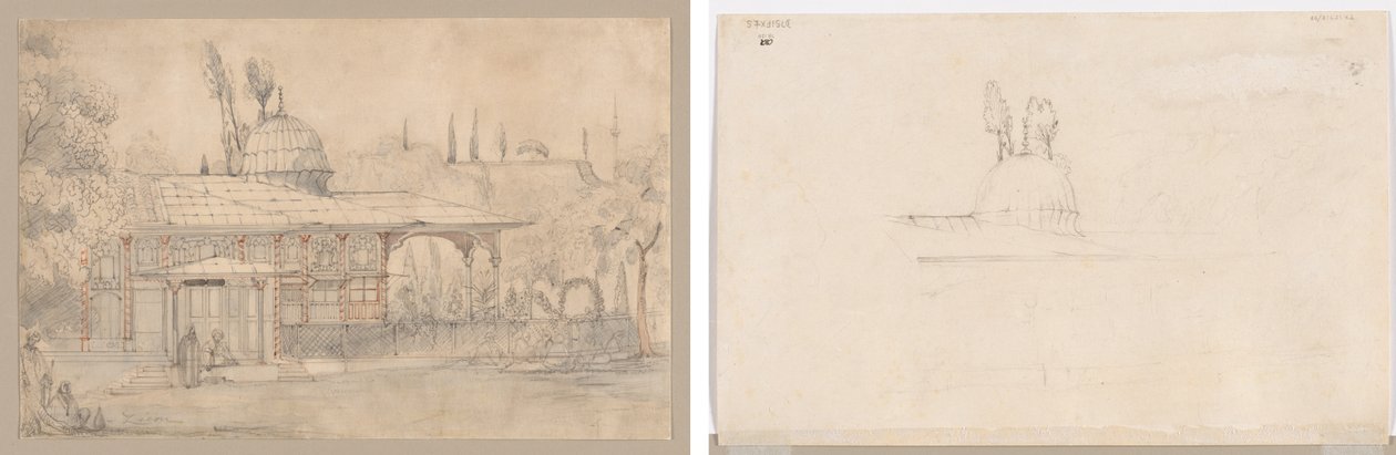 Pavillon nær en moske (recto) Skitse til Pavillon nær en moské (verso) af Unknown artist