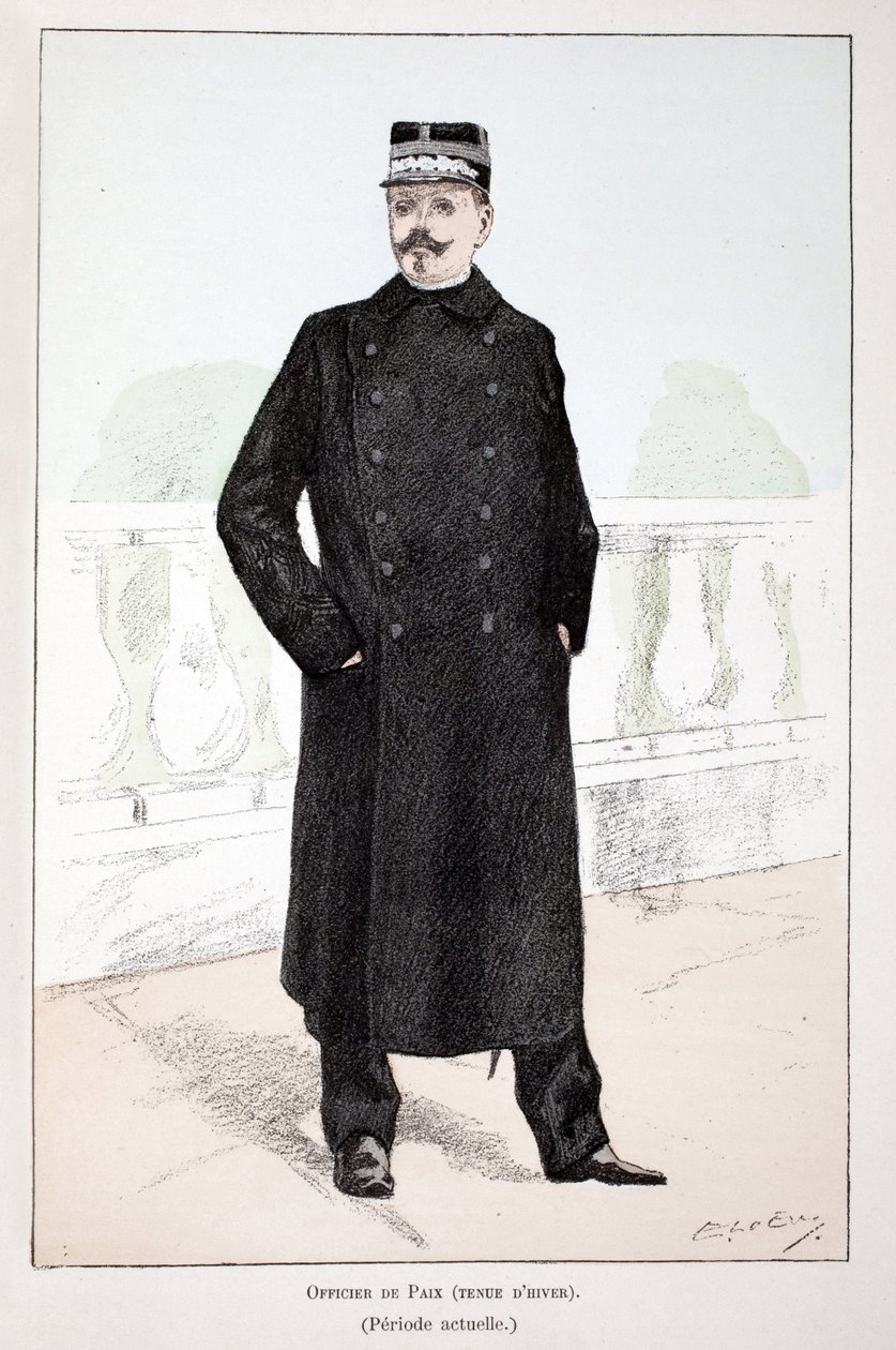 Fredsofficer, vinterdragt (Lepine-perioden). Ætsning i farver, til illustration "History of the Corps of Peacekeepers""" bog udgivet i regi af Louis Lepine (1846-1933), præfekt for politiet på Seinen, af Alfred Rey (1864-?) og Lou af Unknown artist