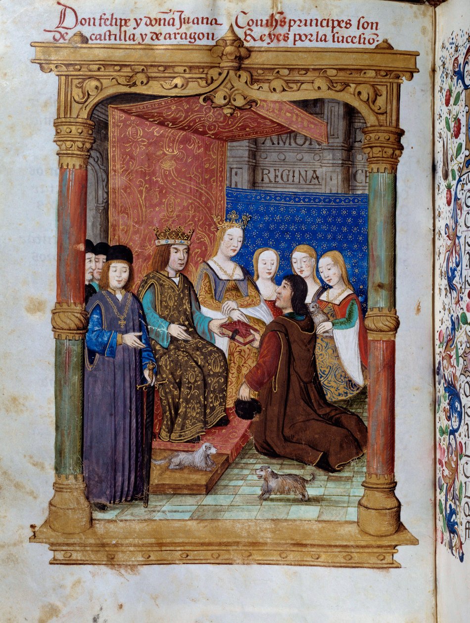 Pedro Marcuello præsenterer sin bog for kong Philip I af Hasburg kendt som den smukke (1478-1506) og dronning Joan Iere the Folle af Castilla (1504-1555). Miniature i "" Andagt af dronningen Da Juana, som de kaldte den gale kvinde"" af Pedro Marcuello af Unknown artist