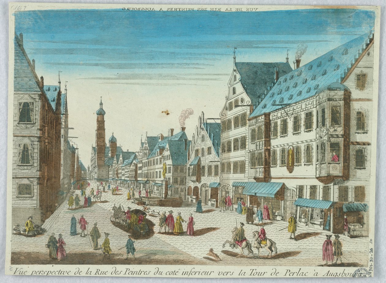 Peep-show, perspektivisk udsigt over malergaden fra den nedre kyst mod Perlac-tårnet i Augsburg af Unknown artist