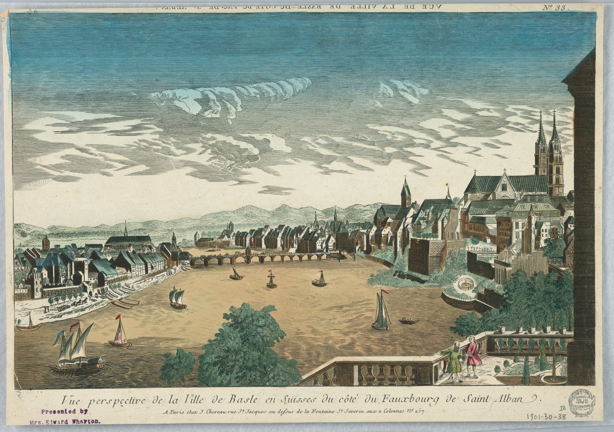 Peep-show, perspektivisk udsigt over byen Basel i Schweiz fra Cote du Fauxbourg de Saint Alban, nr. 33 af Unknown artist