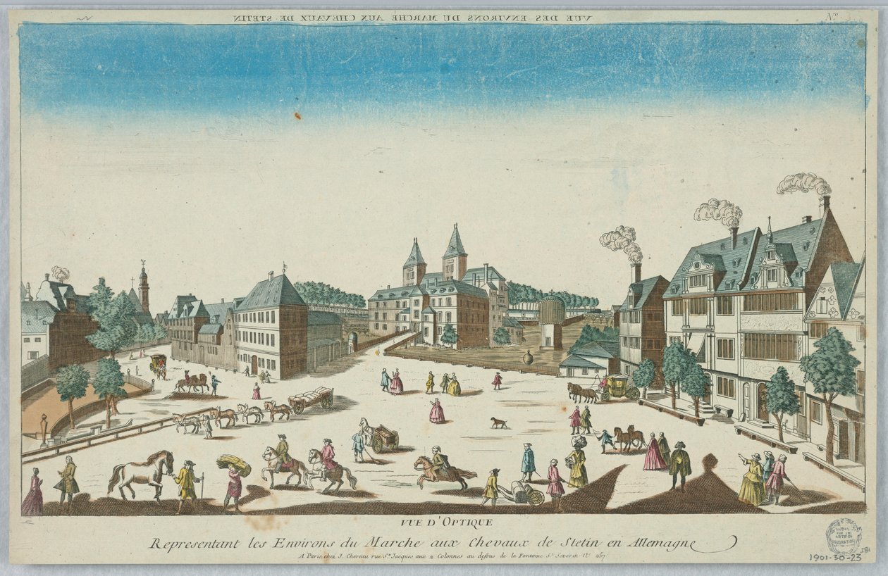 Peep-show, optisk visning, der repræsenterer omgivelserne på Stetin-hestemarkedet i Tyskland af Unknown artist